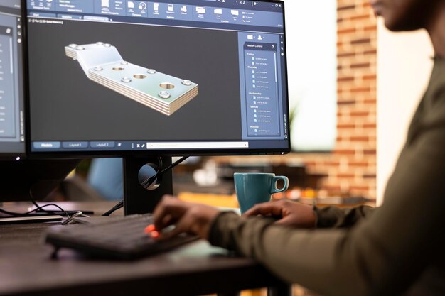 Image d'un ingénieur noir travaillant sur des designs machine Ingénieur concevant des outils de machinerie sur ordinateur